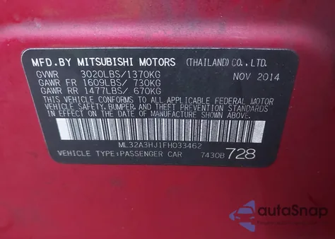 2015 Mitsubishi Mirage De/Rf from USA, damaged, VIN ML32A3HJ1FH033462